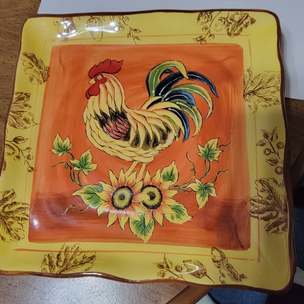 Orange Rooster Rustic with Sunflowers Sandwich/Salad Plate Square, 9 in x 9 in